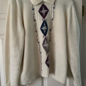 Alfred Dunner Cream Sweater with Purple and Gray Accents